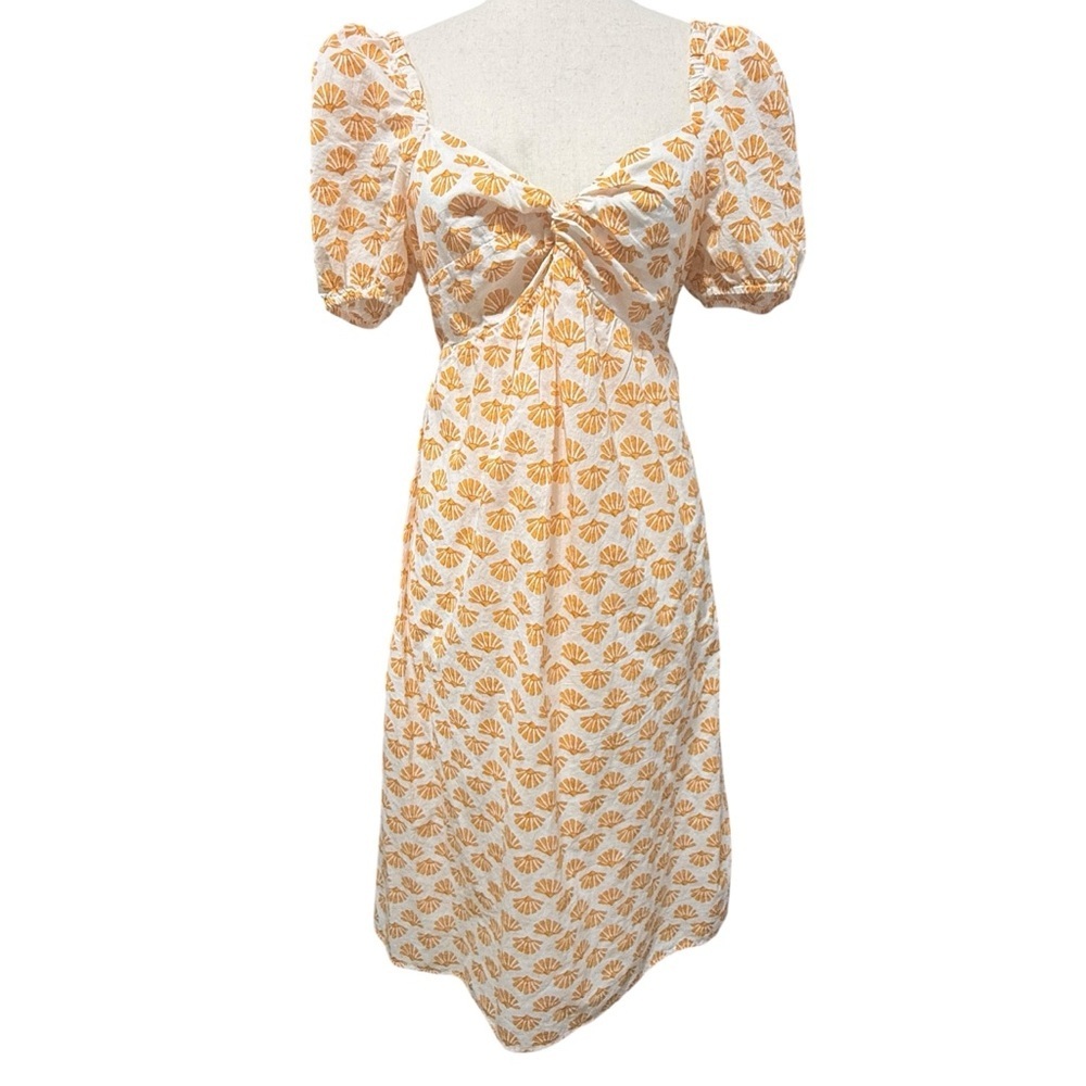 J Crew Seashell‎ Print Puff Sleeve Midi Dress Size 4 Sweetheart Neck Vacation